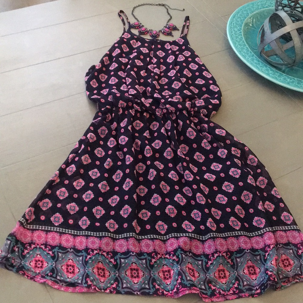 Cute navy and hot pink sundress with open back